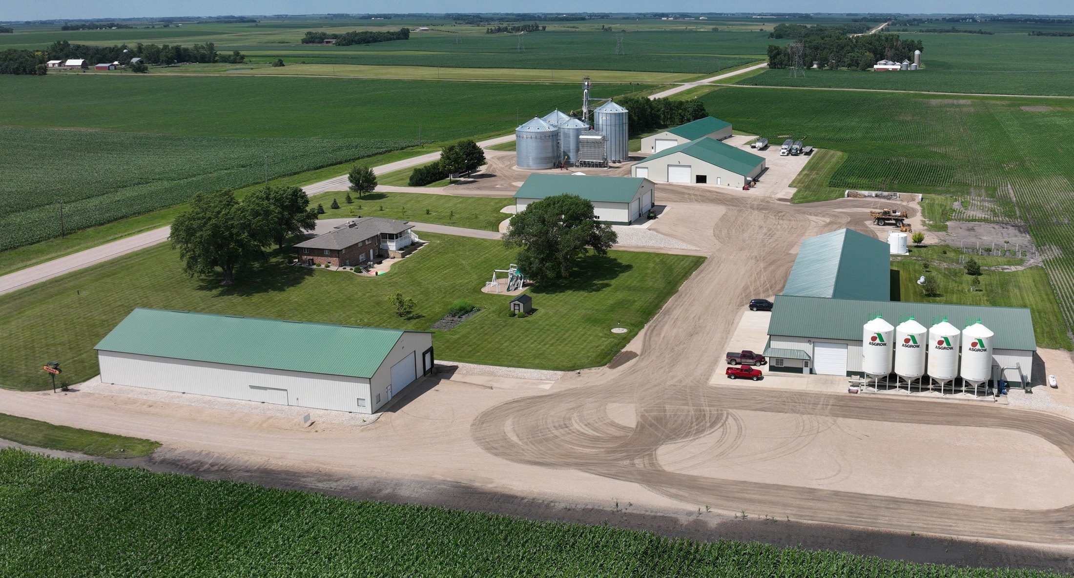 Aerial view of the Domnick Seeds facility surrounded by west-central Minnesota fields