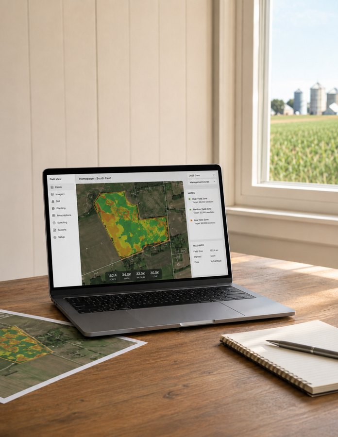 Laptop with field planning map for season planning